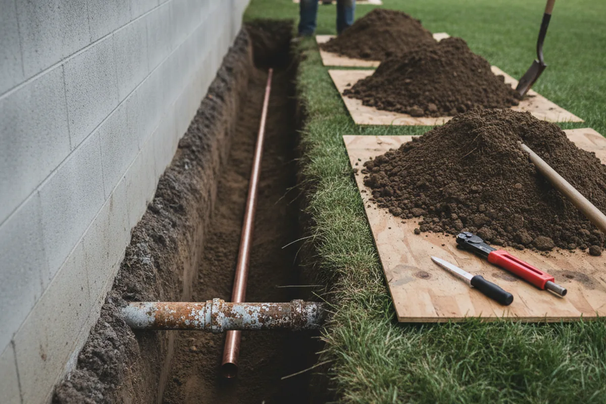 Excavated water line trench during Water Heater Repair in Mapleton